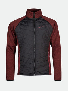 Halti Streams Hybrid Layer Jacket Mens in black/dark red with zip-up front, pockets, and quilted chest.