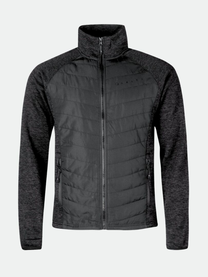 The Halti Streams Hybrid Layer Jacket Mens is black/dark gray with a quilted front, high collar, and zippered pockets.