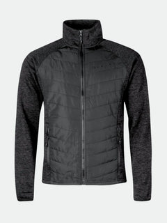 The Halti Streams Hybrid Layer Jacket Mens is black/dark gray with a quilted front, high collar, and zippered pockets.
