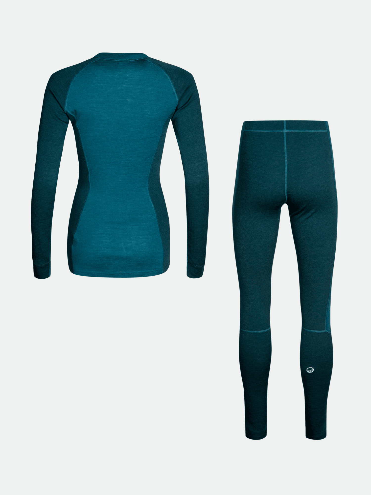 The Halti Hossa Merinowool Baselayer Set Women's in teal and dark blue, shown from the back on a plain background.