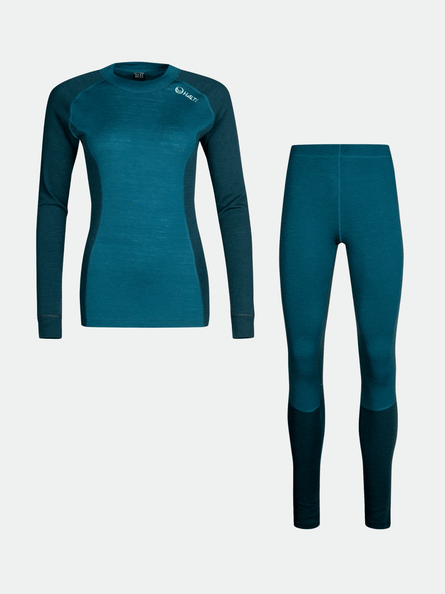 Halti Hossa Women's Merinowool Baselayer Set in teal with darker panels, made from mulesing-free merino wool.