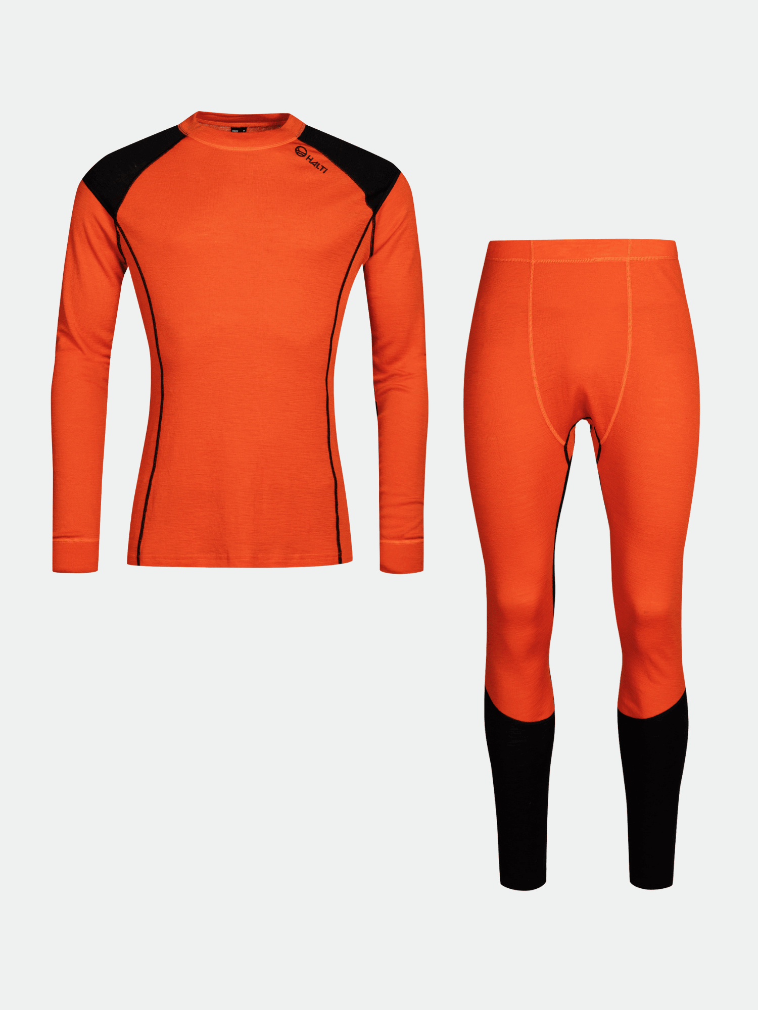 Halti Hossa Merino Base Layer Set for men: orange long-sleeve top and pants with black accents, on a plain background.