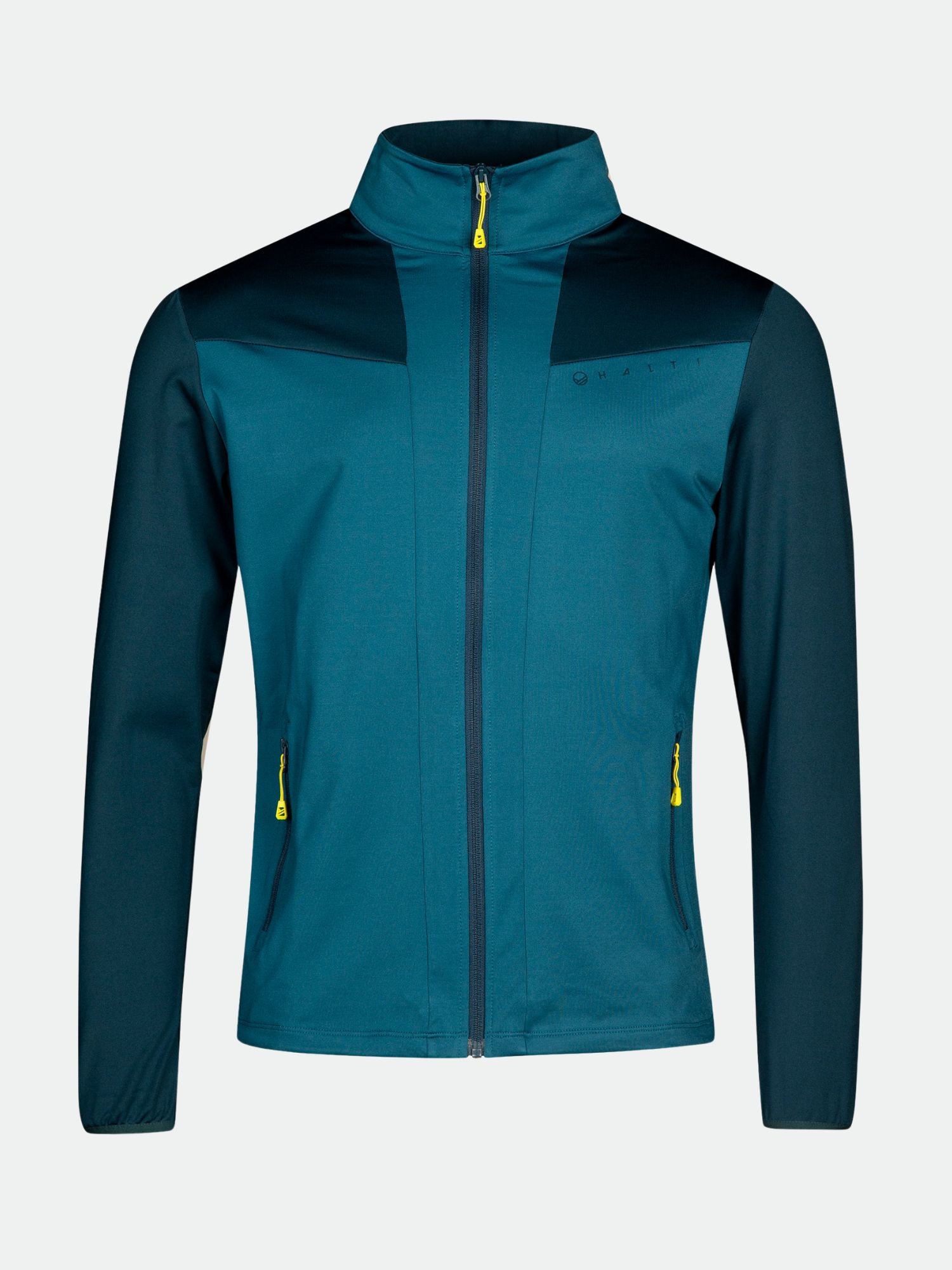 Halti Crosser Layer Jacket Men's in teal and navy with yellow zippers and stand-up collar, shown on a plain background.