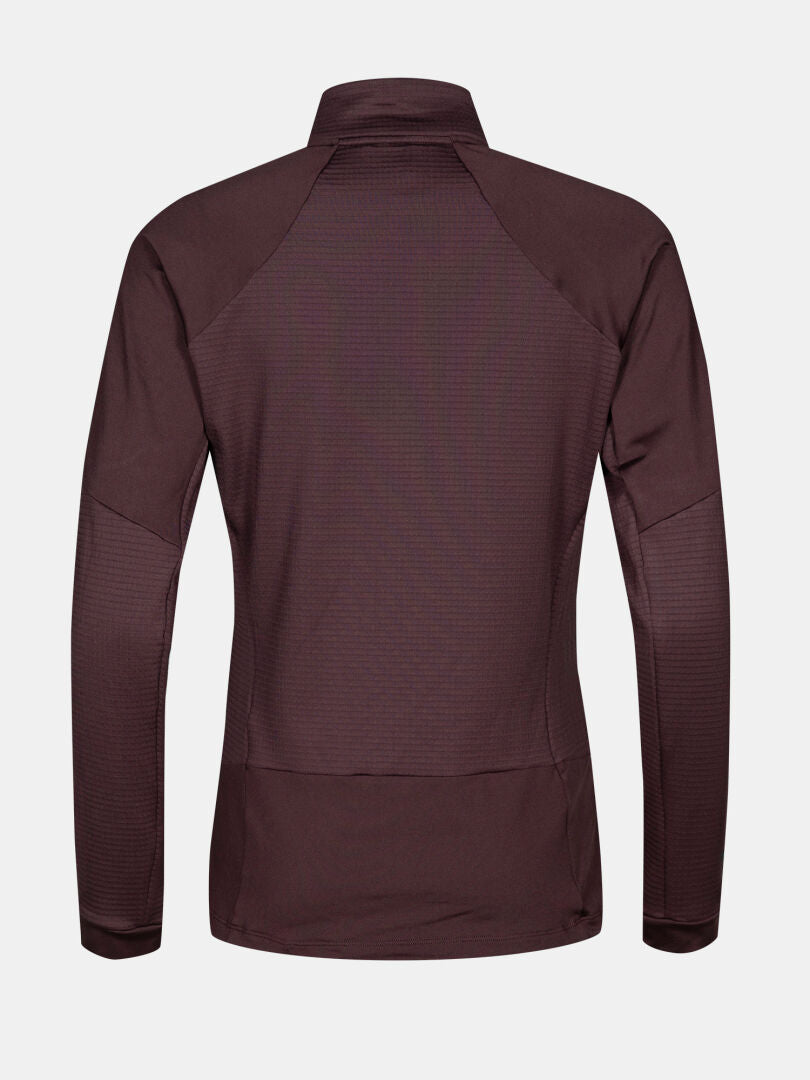 Back view of Halti HeatGrid Layer Jacket Women's, lightweight dark maroon midlayer in recycled polyester, on white.