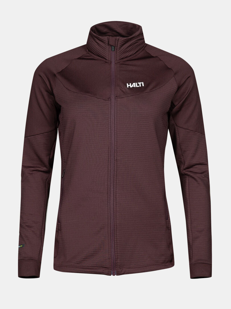 The Halti HeatGrid Layer Jacket Women's in maroon, featuring a chest logo, is ideal for hiking.