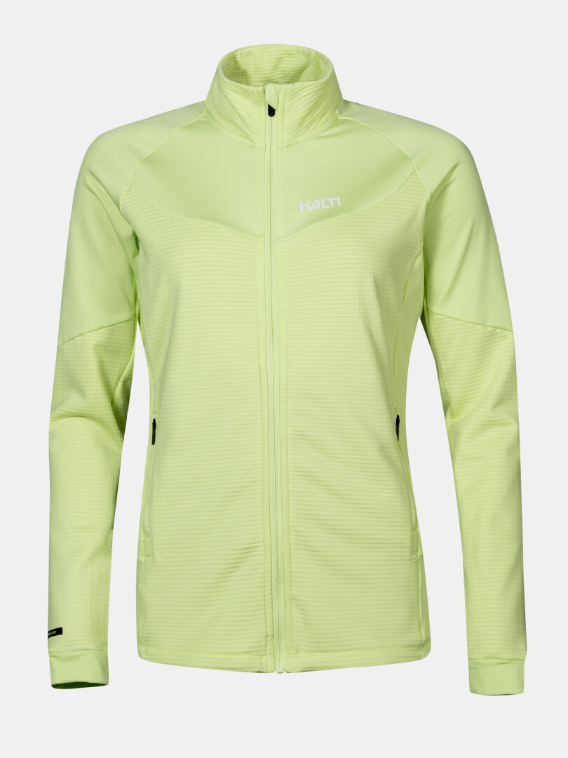 The Halti HeatGrid Layer Jacket Women's is a light green, recycled polyester midlayer with zip pockets and logo on chest.