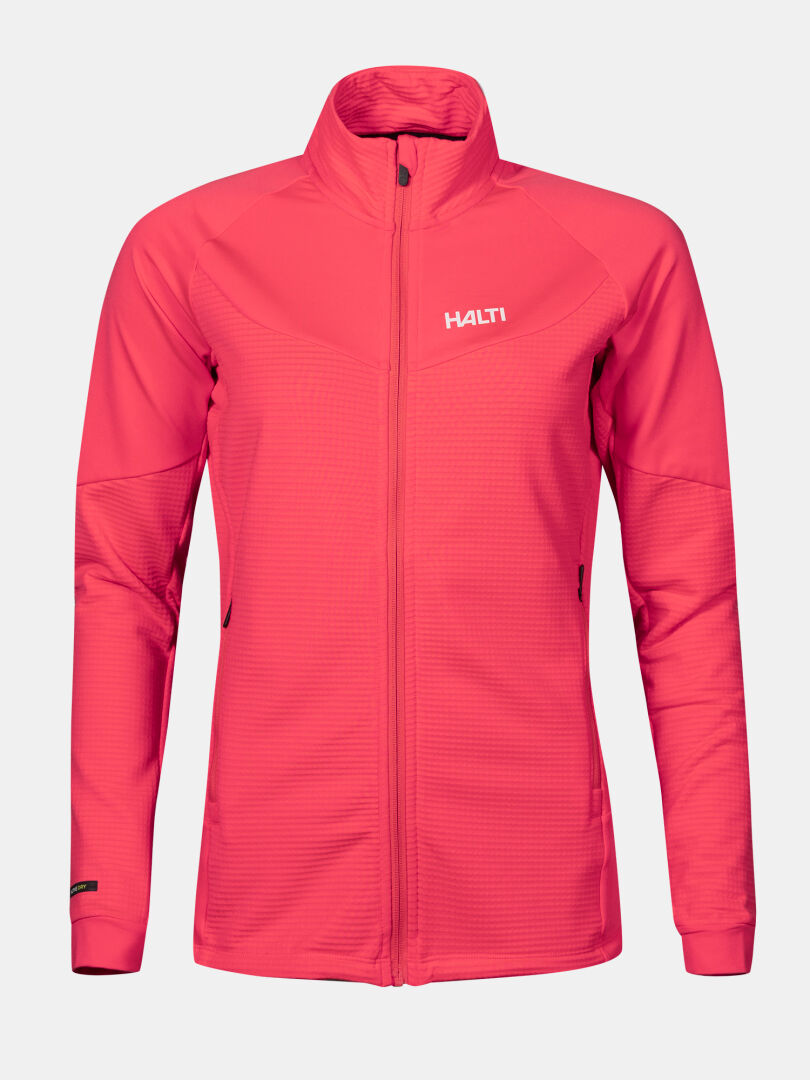 The Halti HeatGrid Layer Jacket Women's is a bright pink, lightweight midlayer with long sleeves and two side pockets.
