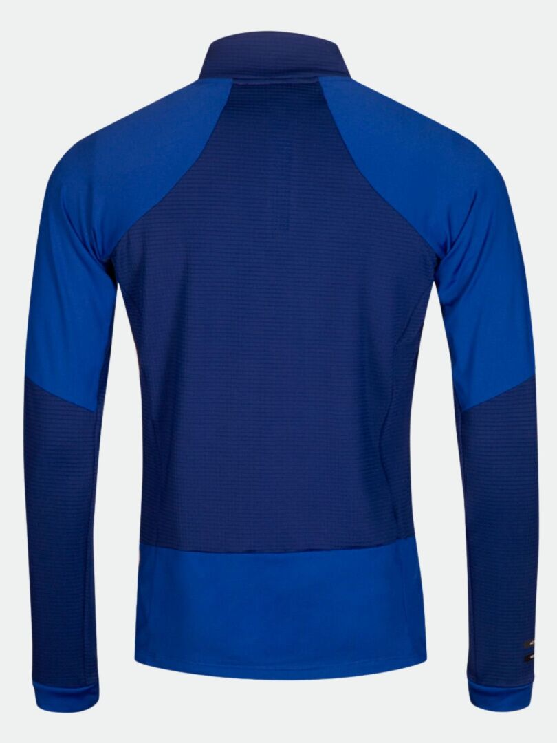 The Halti HeatGrid Layer Jacket Men's, a recycled polyester, two-tone blue hiking jacket, is shown from the back.