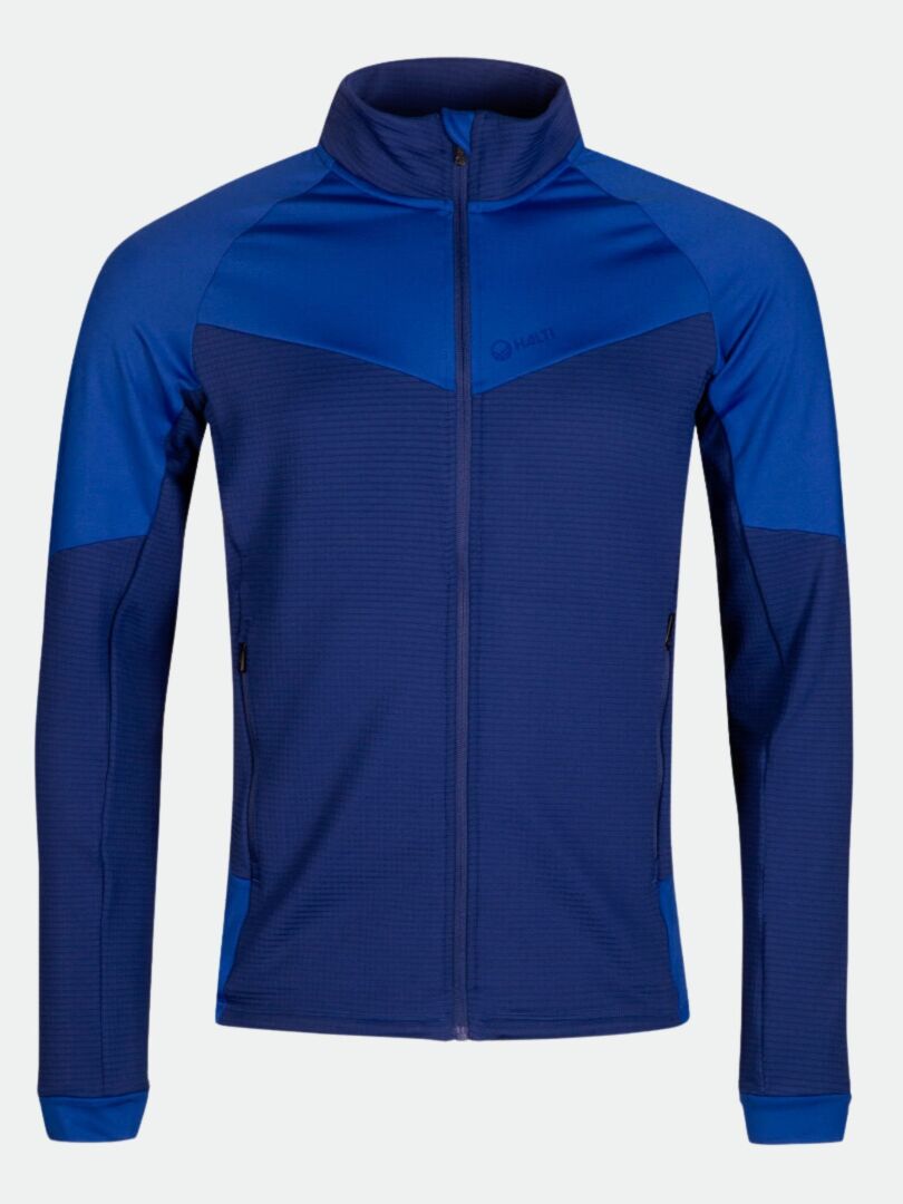 The Halti HeatGrid Layer Jacket Men's is blue, recycled polyester, with a high collar and zippered pockets—ideal as a mid layer.