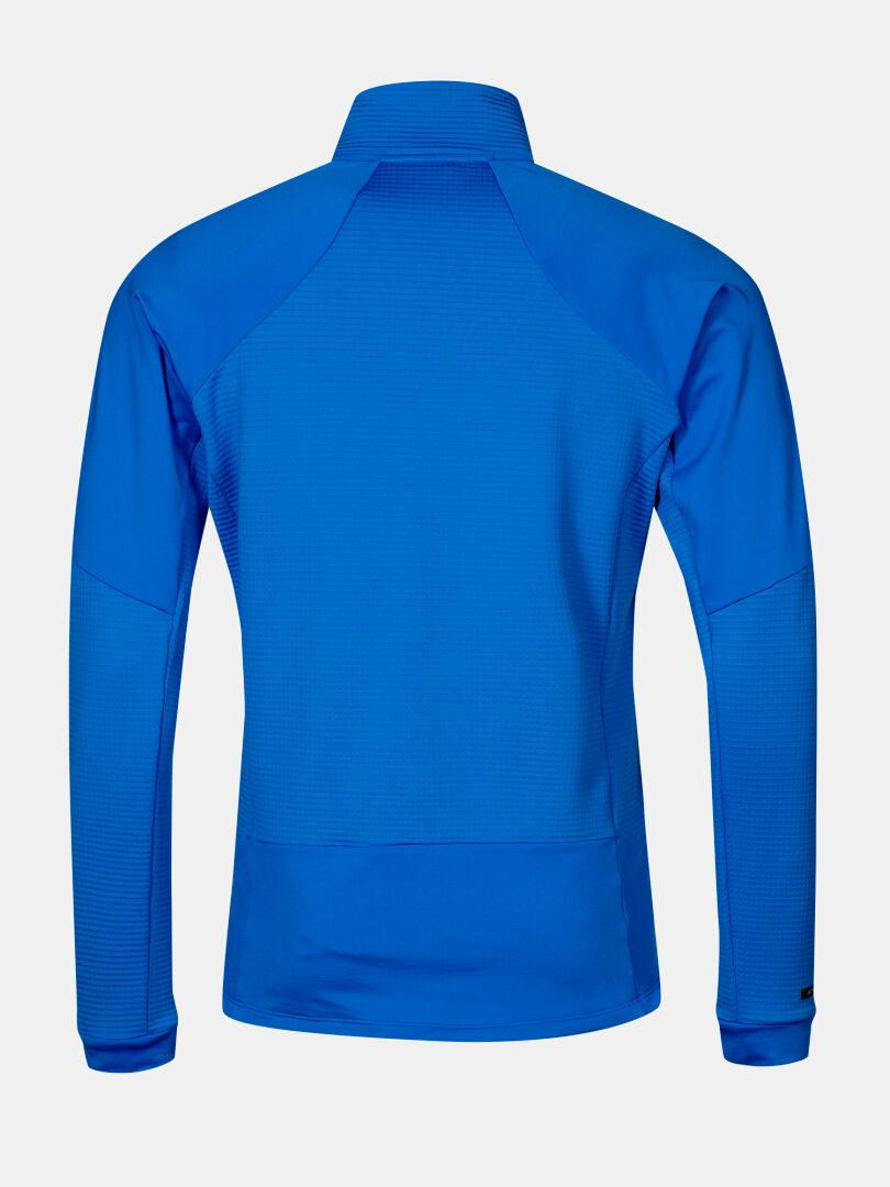 The Halti HeatGrid Layer Jacket Men's is a blue recycled polyester midlayer with a stand-up collar, shown from the back.