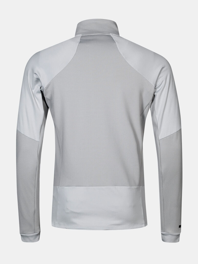 Back view of Halti HeatGrid Layer Jacket Men's in light gray, a paneled technical midlayer ideal for hiking.
