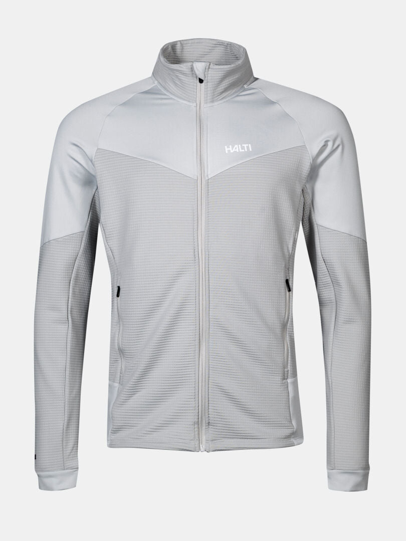 Halti HeatGrid Layer Jacket Men's: light grey, long sleeves, high collar—ideal technical midlayer for hiking.