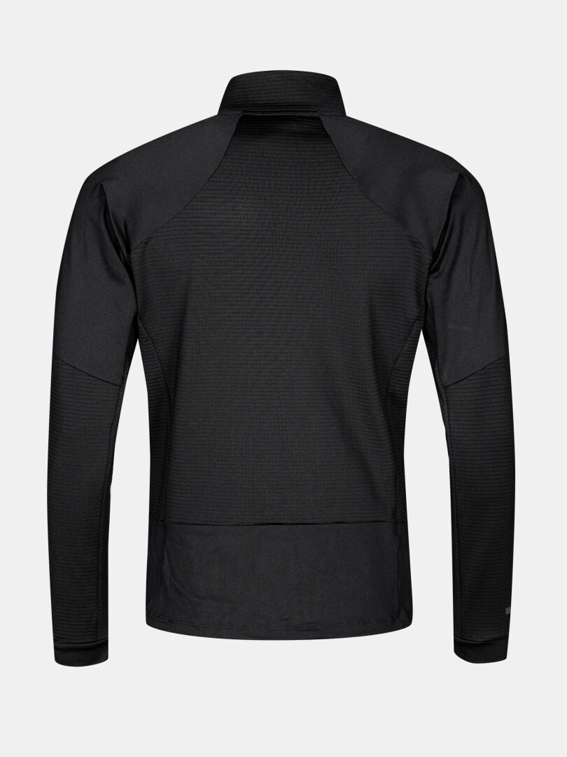 Back view of Halti HeatGrid Layer Jacket Men's in black recycled polyester with stand-up collar, on light gray background.