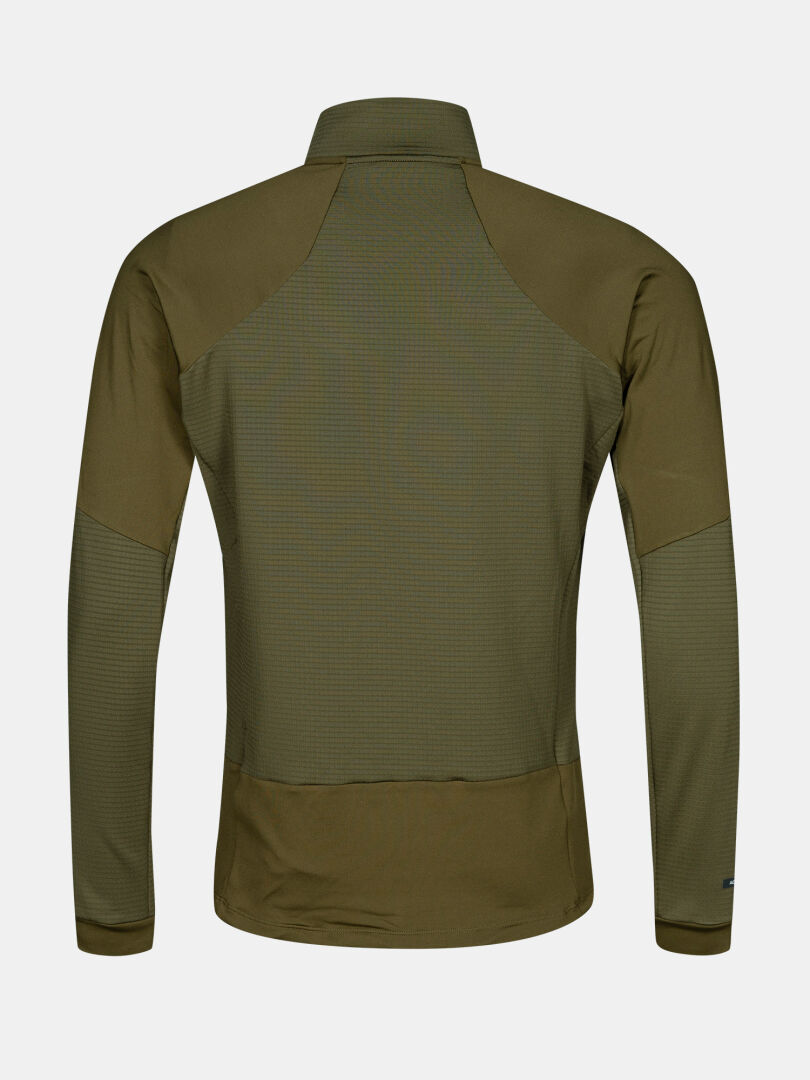 The Halti HeatGrid Layer Jacket Men's, long-sleeved and olive green, is shown from the back on a white background.