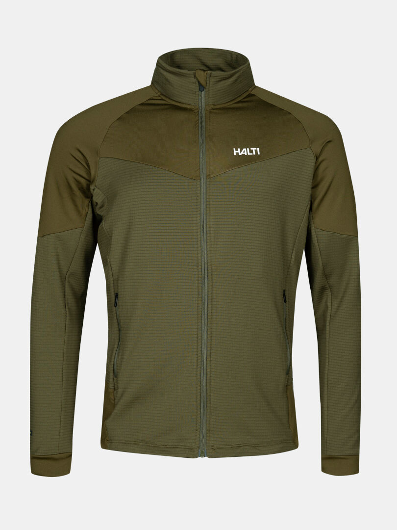 The Halti HeatGrid Layer Jacket Men's is green, recycled polyester, long-sleeved with a high collar and chest logo.