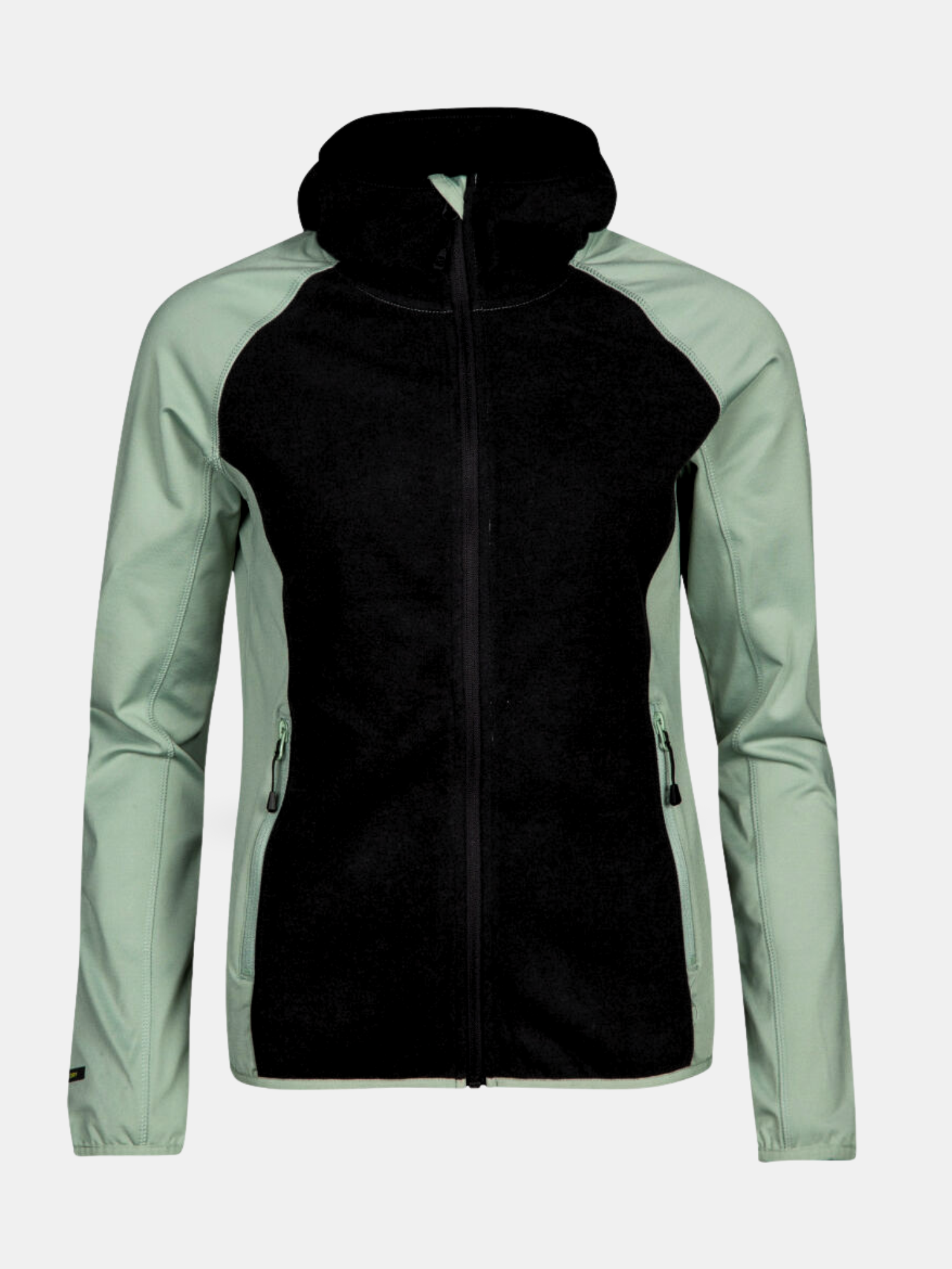Halti Circuit II Hoodie Women's: a two-tone mid-layer with light green sleeves and black front, zipped up on white background.