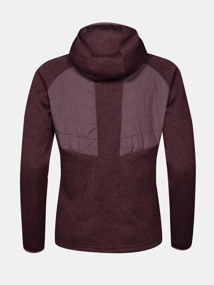 Back view of Halti Streams Hybrid Layer Jacket Women's Plus in maroon, featuring quilted fabric panels on back and shoulders.