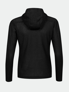Back view of Halti Ultramove Layer Jacket Womens in black with hood, long sleeves, and mesh against light gray background.