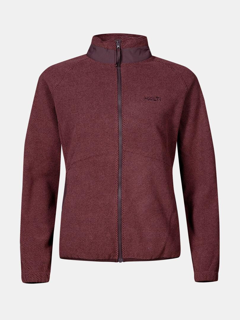 Halti Soolo Layer Jacket Women's in maroon with high collar, textured fabric, and subtle chest logo on plain background.