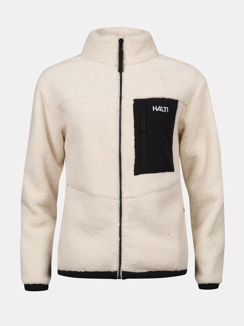 Halti Lumista Polar Women’s Fleece Jacket in cream with black chest pocket, cuffs, and Halti logo. Windproof design.