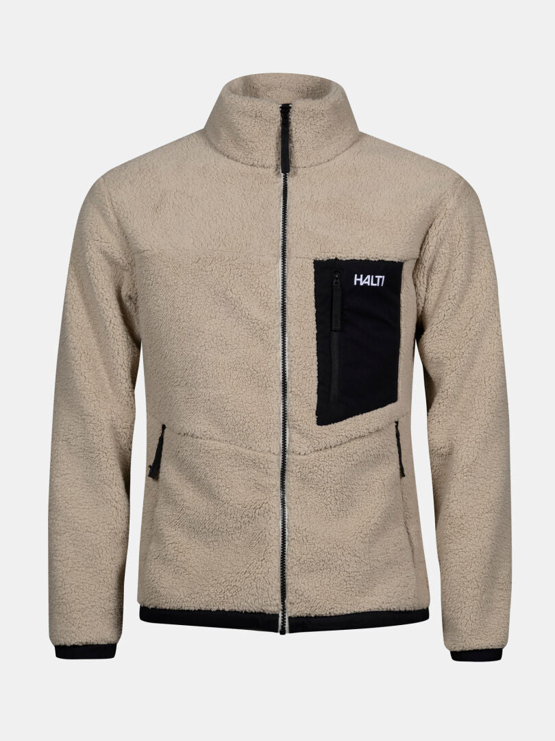 Halti Lumista Polar Fleece Jacket Men’s—beige, black zipper, windproof chest pocket, 2 lower pockets; great for hiking.