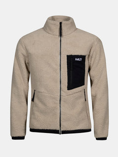 Halti Lumista Polar Fleece Jacket Men’s—beige, black zipper, windproof chest pocket, 2 lower pockets; great for hiking.