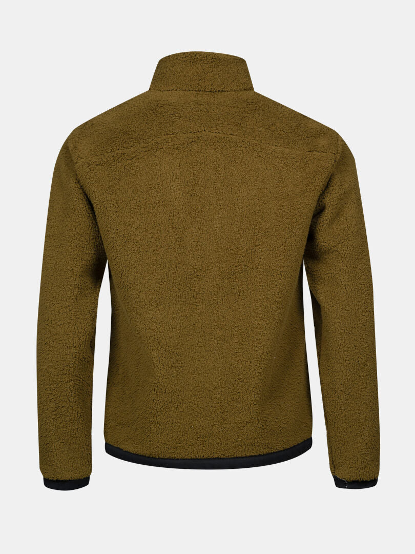 Back view of Halti Lumista Polar Fleece Jacket Mens in olive green with black trim, ideal for hiking, on plain background.