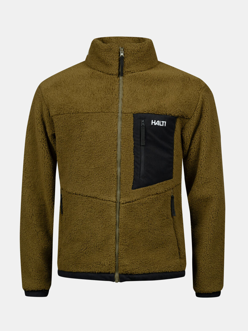 Halti Lumista Polar Fleece Jacket Mens in olive green with full zip and black chest pocket, perfect for hiking.