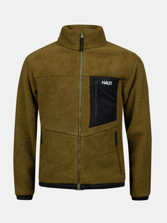 Halti Lumista Polar Fleece Jacket Mens in olive green with full zip and black chest pocket, perfect for hiking.