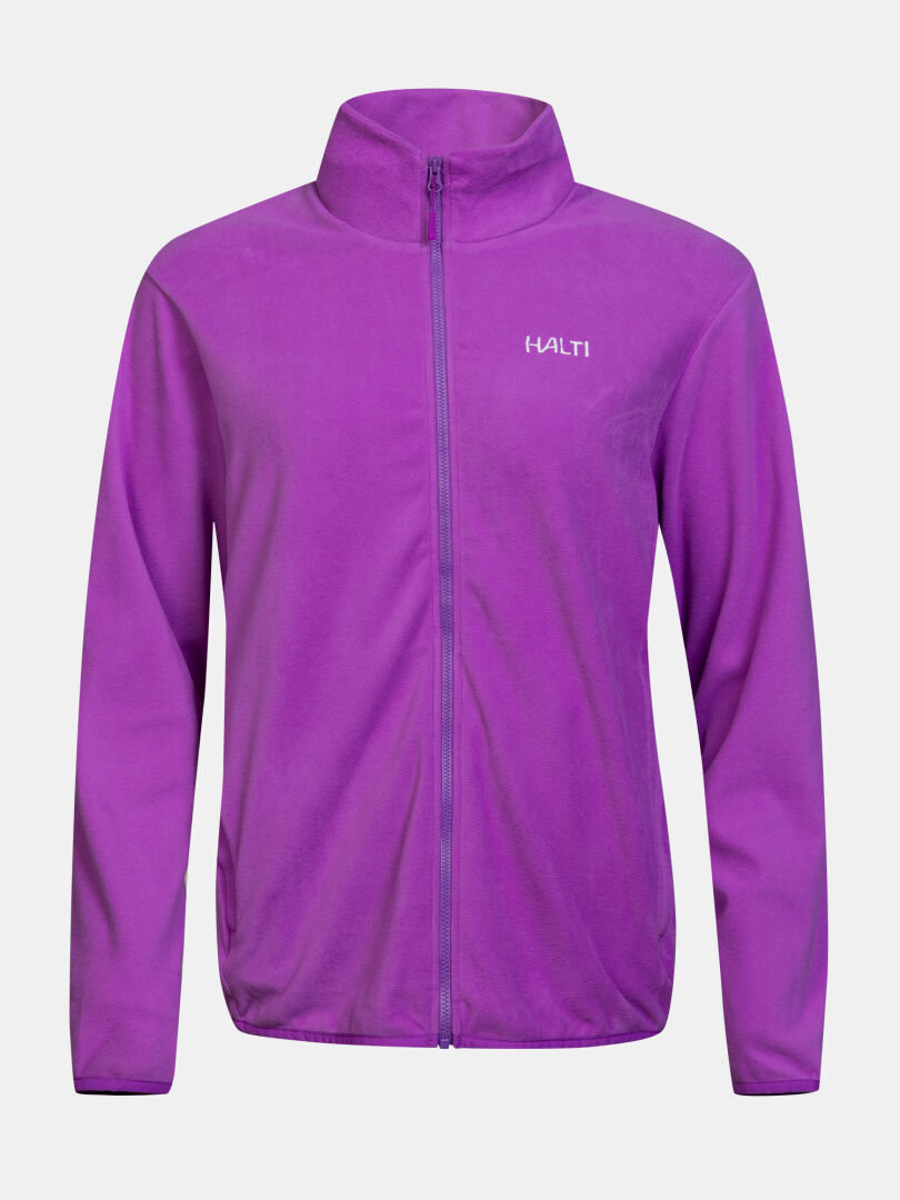 Halti Rockmoon Women’s fleece jacket—purple, stretchable, zip-up, thermal, stand-up collar, logo on upper left chest.