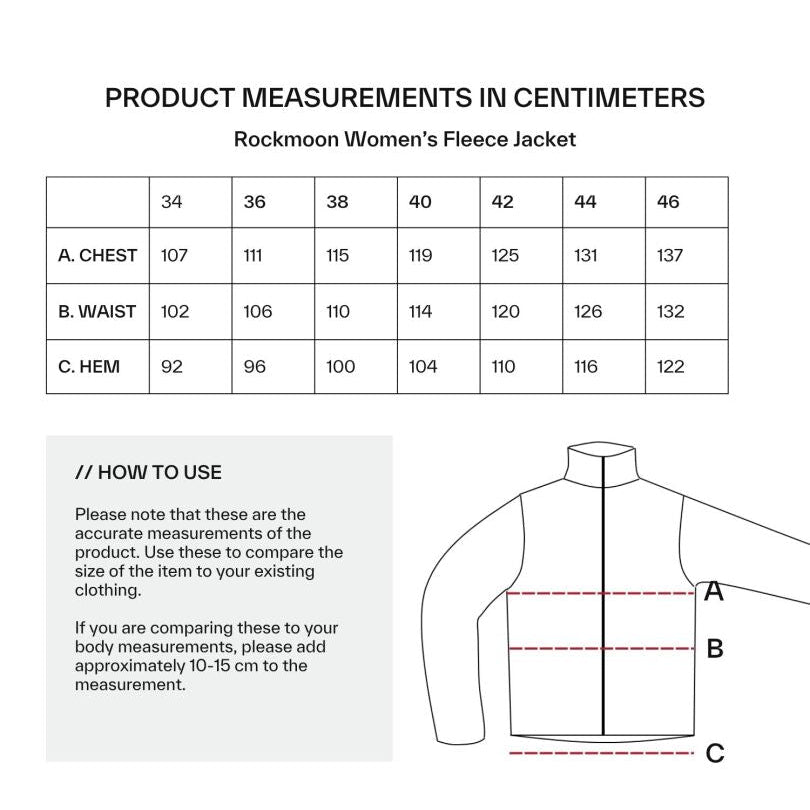 The Halti Rockmoon Fleece Jacket Womens size chart displays measurements and a diagram for this technical midlayer.