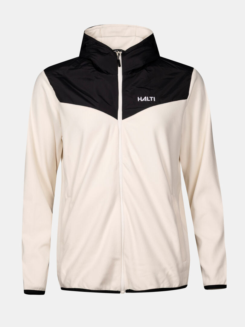 The Halti Rockmoon Fleece Hoodie Women's features thermal insulation, a cream zip-up style, and black shoulders.