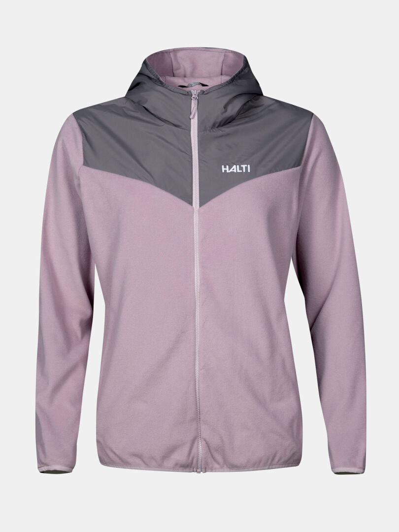 Halti Rockmoon Fleece Hoodie Women's: light purple with gray hood and shoulders, thermal insulation, on white background.