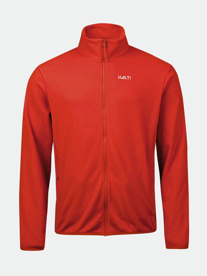 The Halti Rockmoon Fleece Jacket Men's is a red thermal midlayer with long sleeves, stand-up collar, and Halti branding.