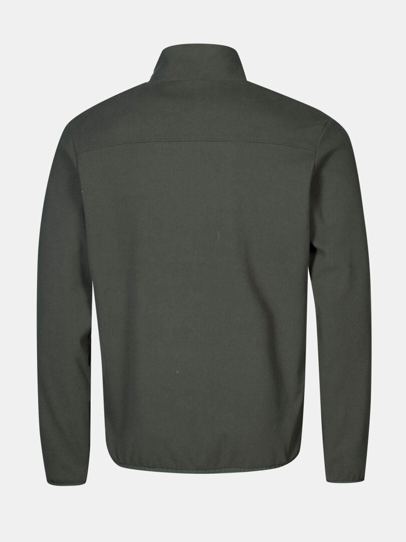 Back view of Halti Rockmoon Fleece Jacket Men's in dark green, long sleeves, zip-up with collar and lightweight insulation.