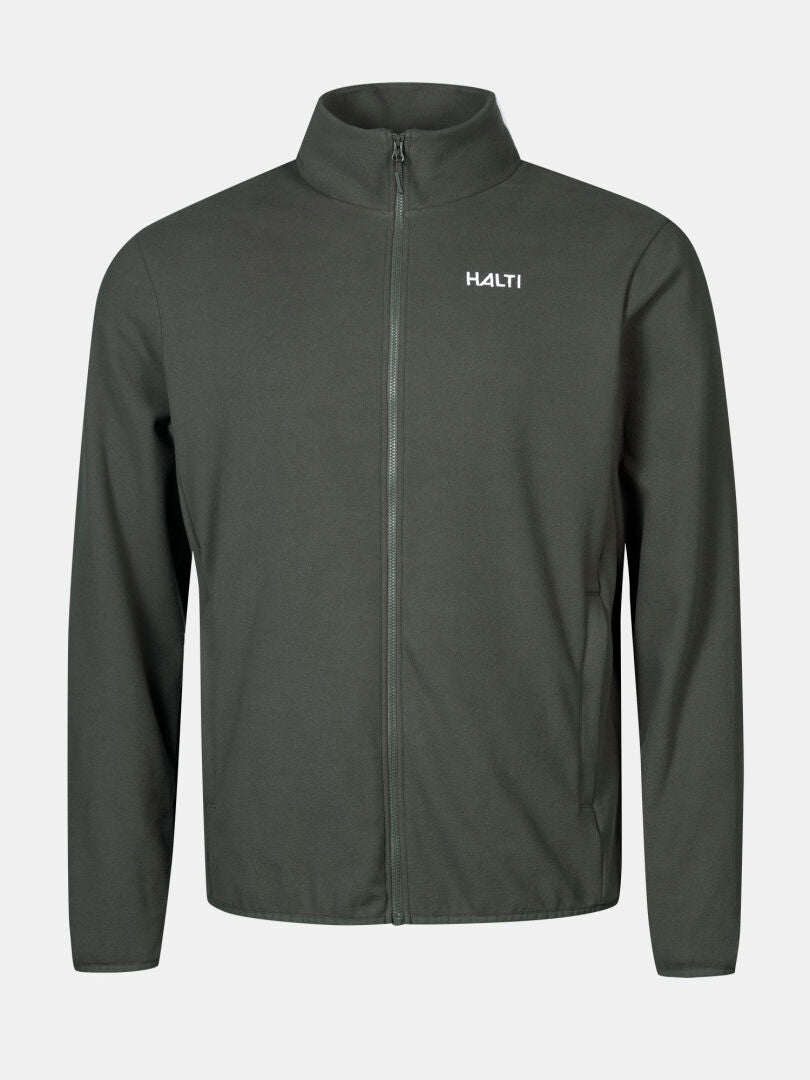 The Halti Rockmoon Fleece Jacket Men's is a dark green zip-up midlayer with a high collar and logo on the left chest.