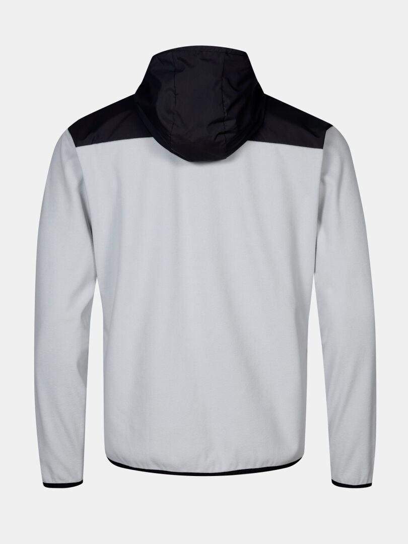 Halti Rockmoon Fleece Hoodie Men’s, with black shoulder panels, offers ideal outdoor layering for chilly days.