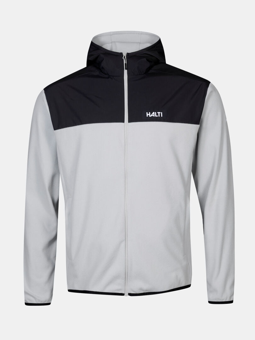 The Halti Rockmoon Fleece Hoodie Men's is light gray with black shoulders, thermal insulation, and a left chest logo.