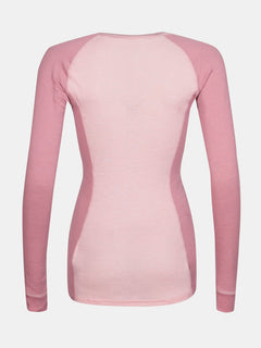 Back view of Halti Hossa II Women's Merino base layer in light pink/mauve with raglan sleeves, ideal for cold weather.