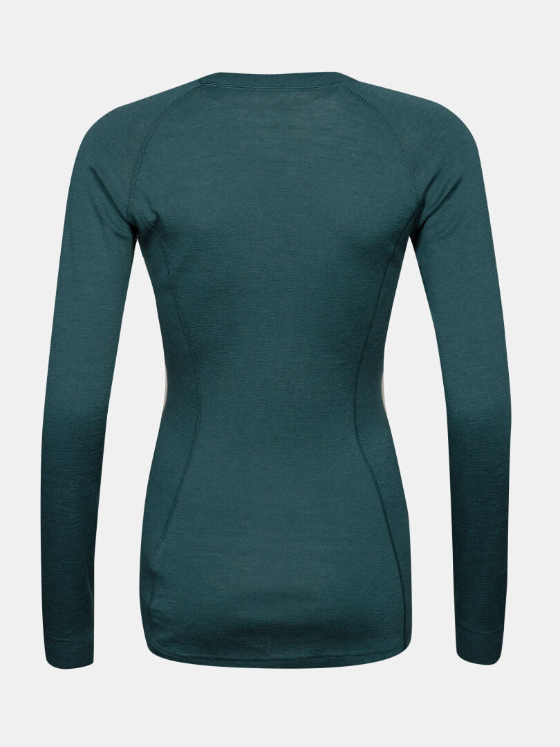 Halti Hossa II Merino women’s baselayer shirt in teal, back view—ideal for layering in cold weather.