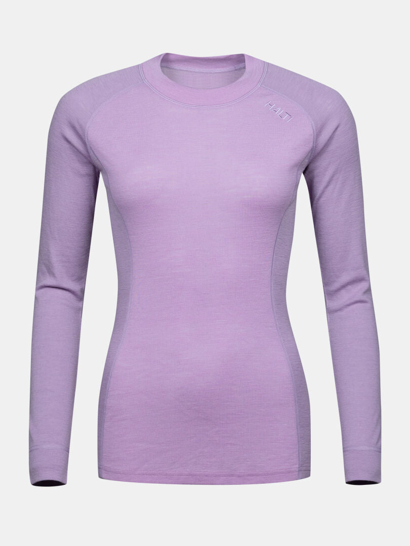 Halti Hossa II Merino women’s set: light purple, long-sleeve fitted base layer, ideal for cold layering. Subtle logo.