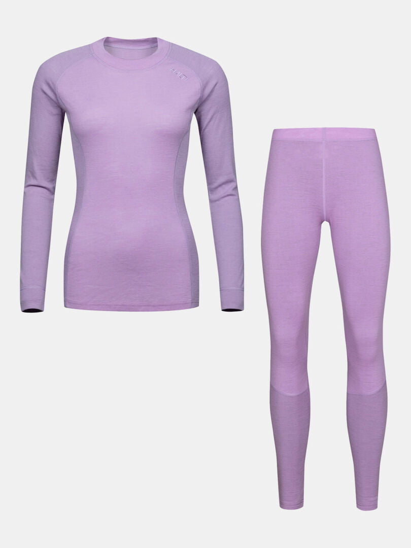 Halti Hossa II Merino women’s set in lavender—long-sleeve top & leggings for cold weather layering.
