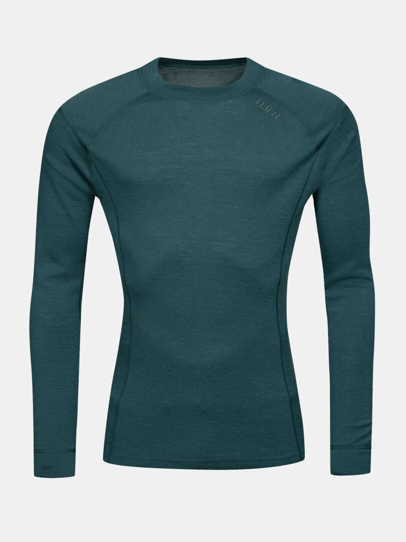 Halti Hossa II Merino men’s long-sleeve base layer set in dark teal, shown front on white background.