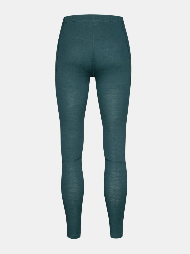 Back view of Halti Hossa II Men’s Merino base layer leggings in teal, shown full-length on a plain white background.