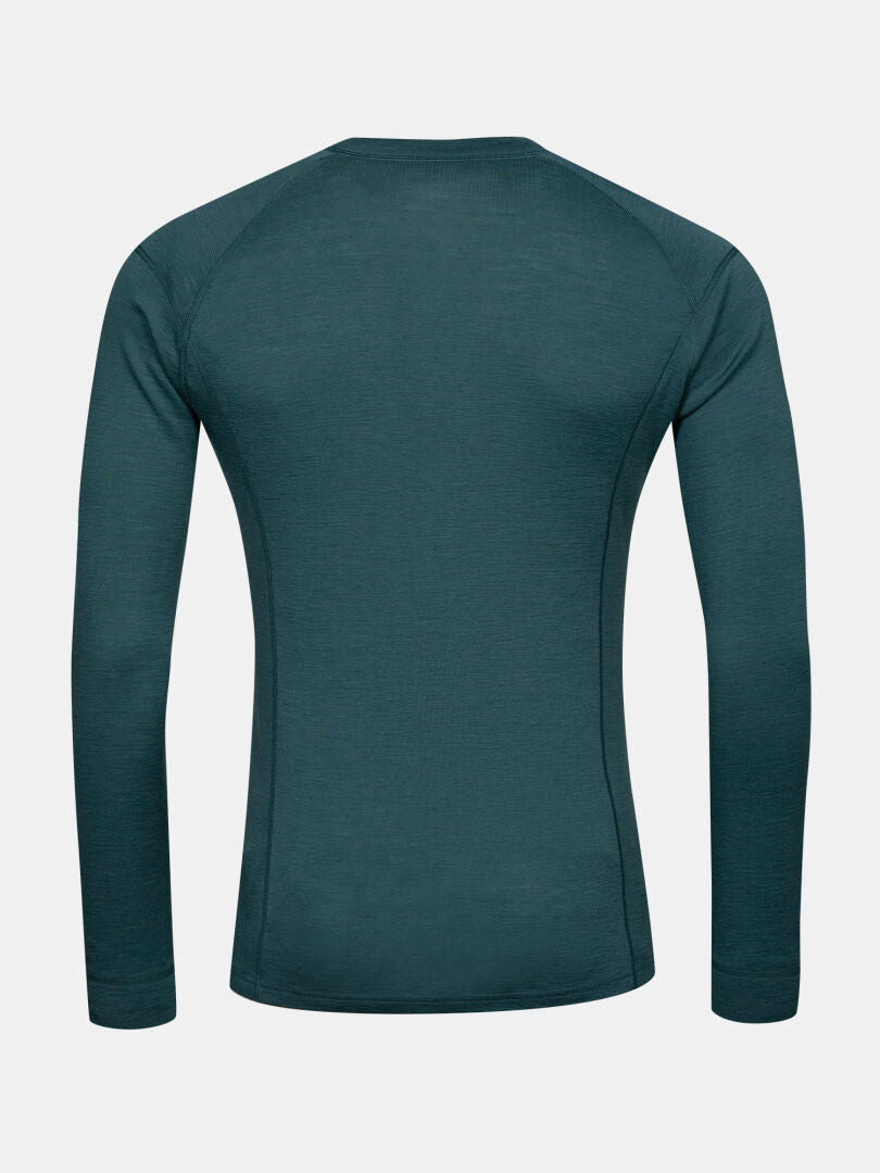 Halti Hossa II Merino men’s base layer, long-sleeve crew neck in dark teal, shown from the back on white.