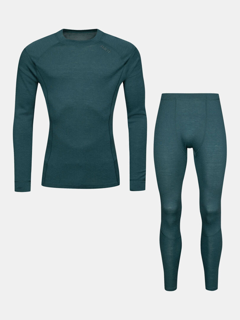 Halti Hossa II Merino men’s base layer set in teal: long-sleeve top and leggings on a plain white background.