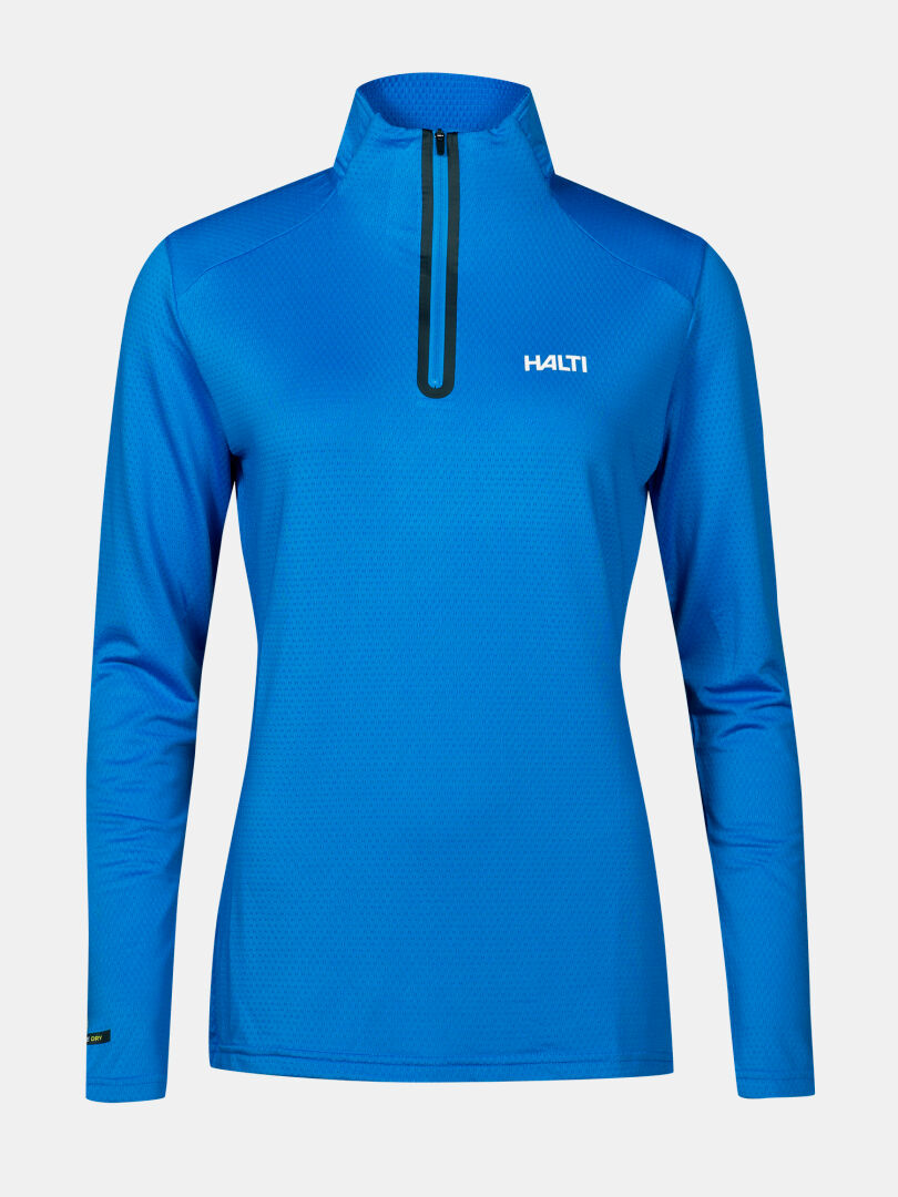 The Halti Jaako Shirt Women's is a blue long-sleeve thermal top with half-zip and high collar for all-season training.