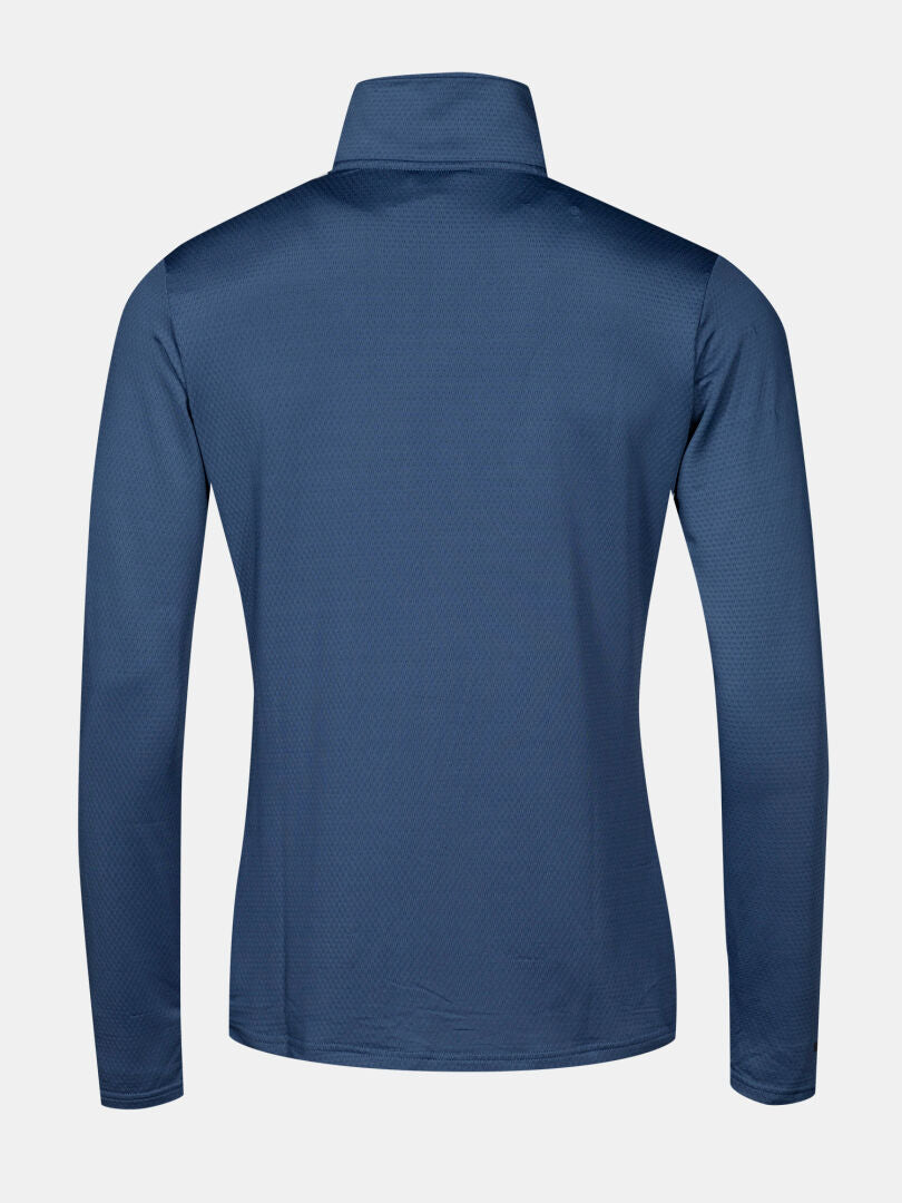Back view of Halti Jaako Shirt Men's lightweight zip-up mid layer with high collar, shown on a plain white background.