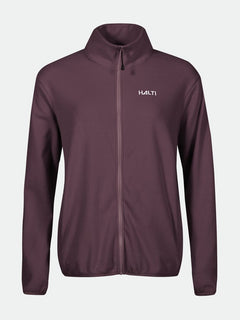 The Halti Rockmoon Fleece Jacket Womens Plus in maroon features a zip-up front and chest logo, shown on a plain background.