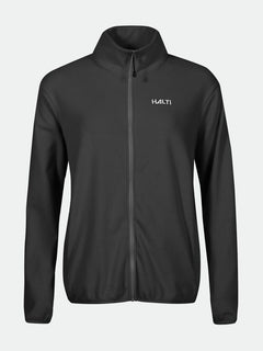 The Halti Rockmoon Fleece Jacket Womens Plus is a black recycled-fleece zip-up with logo, shown on a plain background.